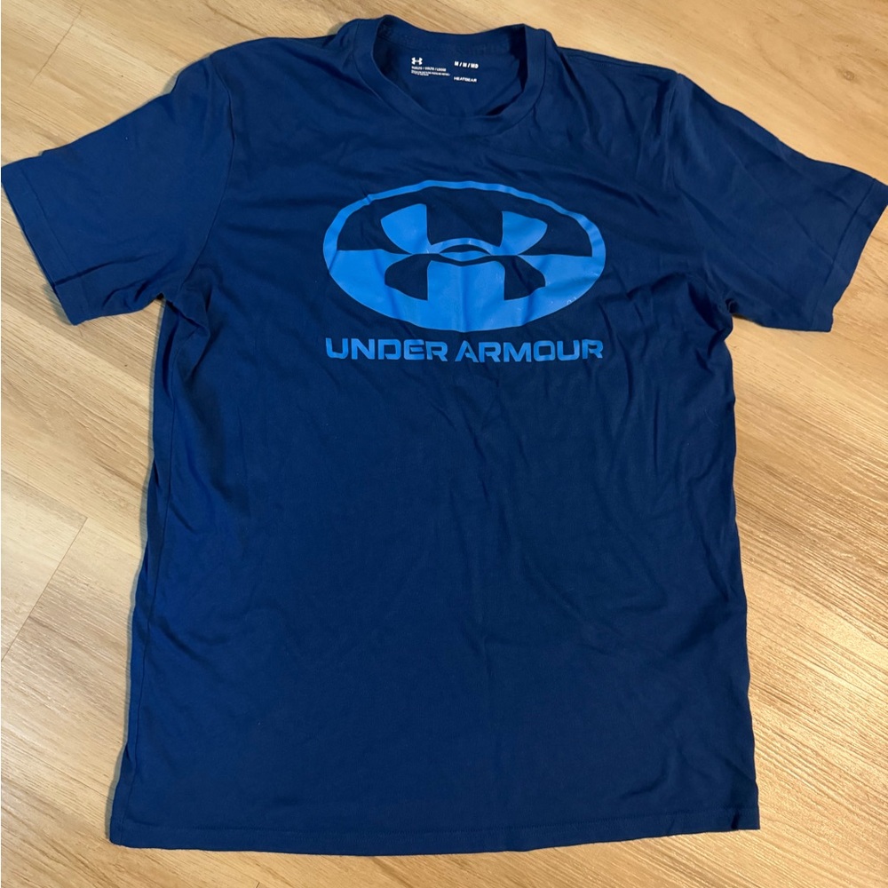 Under Armour Men's Navy Blue Tee with Light Blue Logo